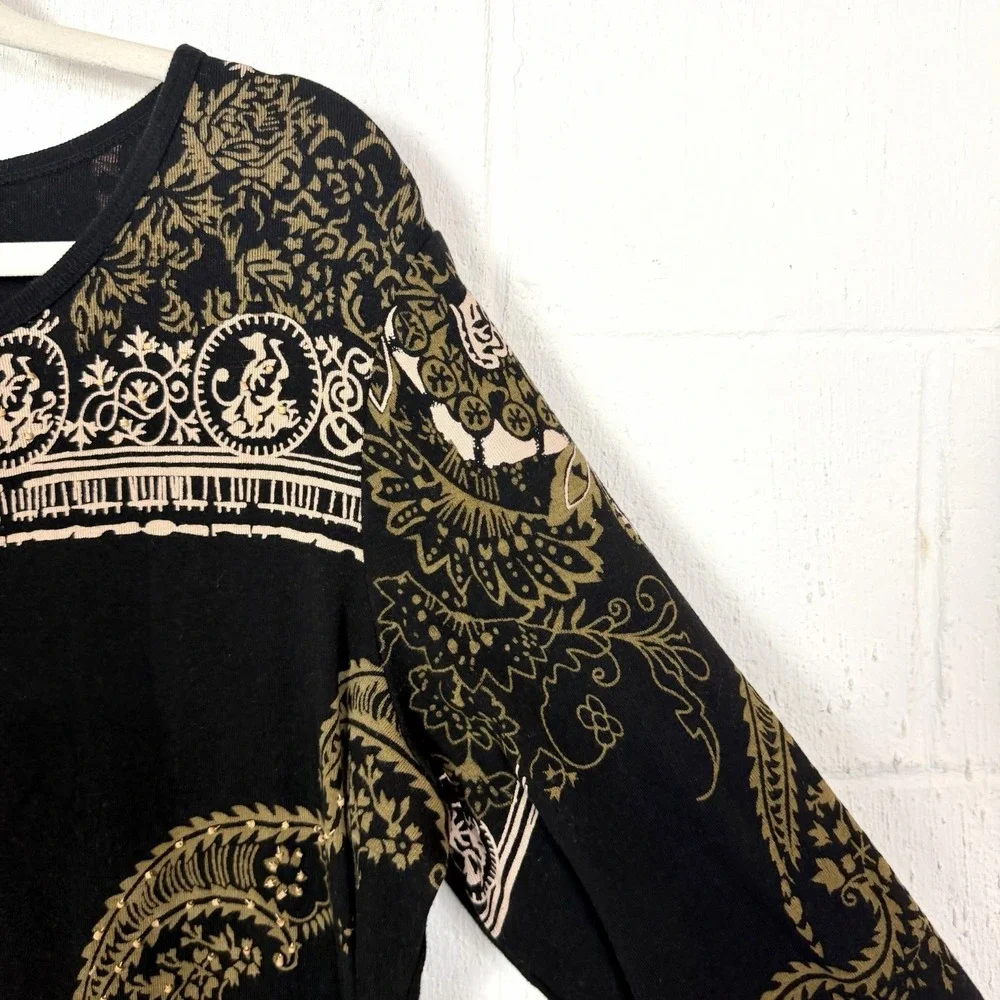 CJ Banks Tunic Black Tan Paisley Floral Beaded Artsy Eclectic Office Bohemian 1X - Picture 4 of 14